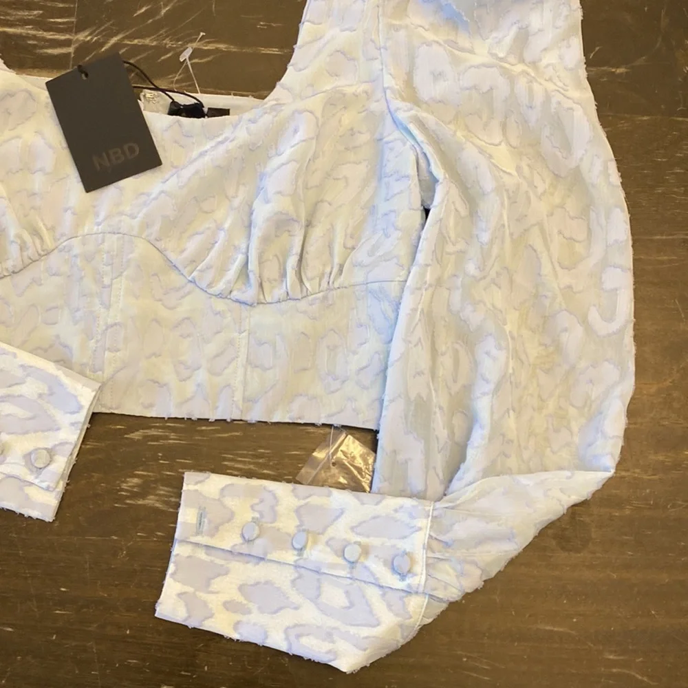 NWT NBD x Revolve Bex Baby Blue Chiffon Crop long sleeve top blouse women size S